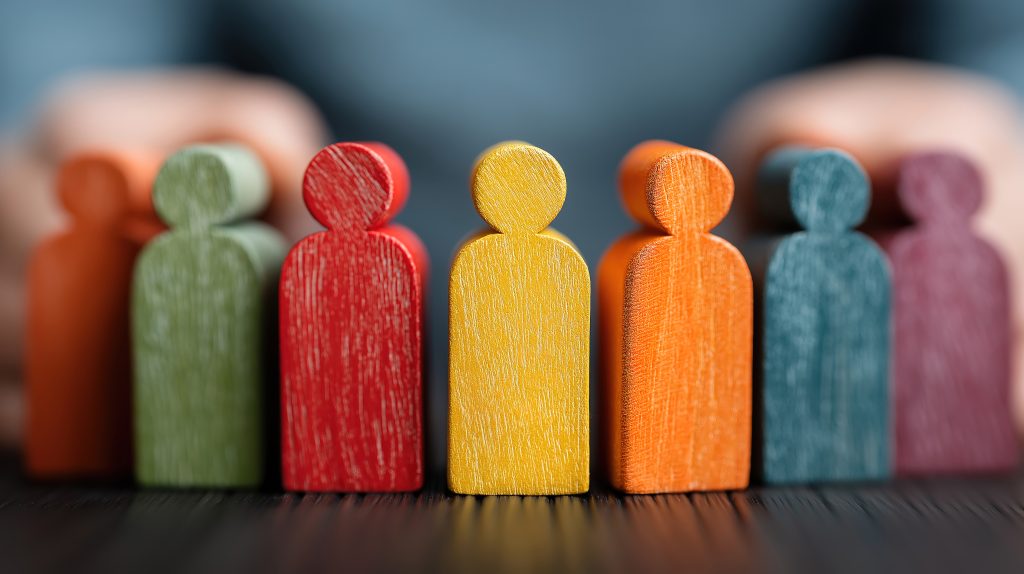 7 multicoloured wooden blocks shaped like humans sit on top of a table to represent a diverse workforce.