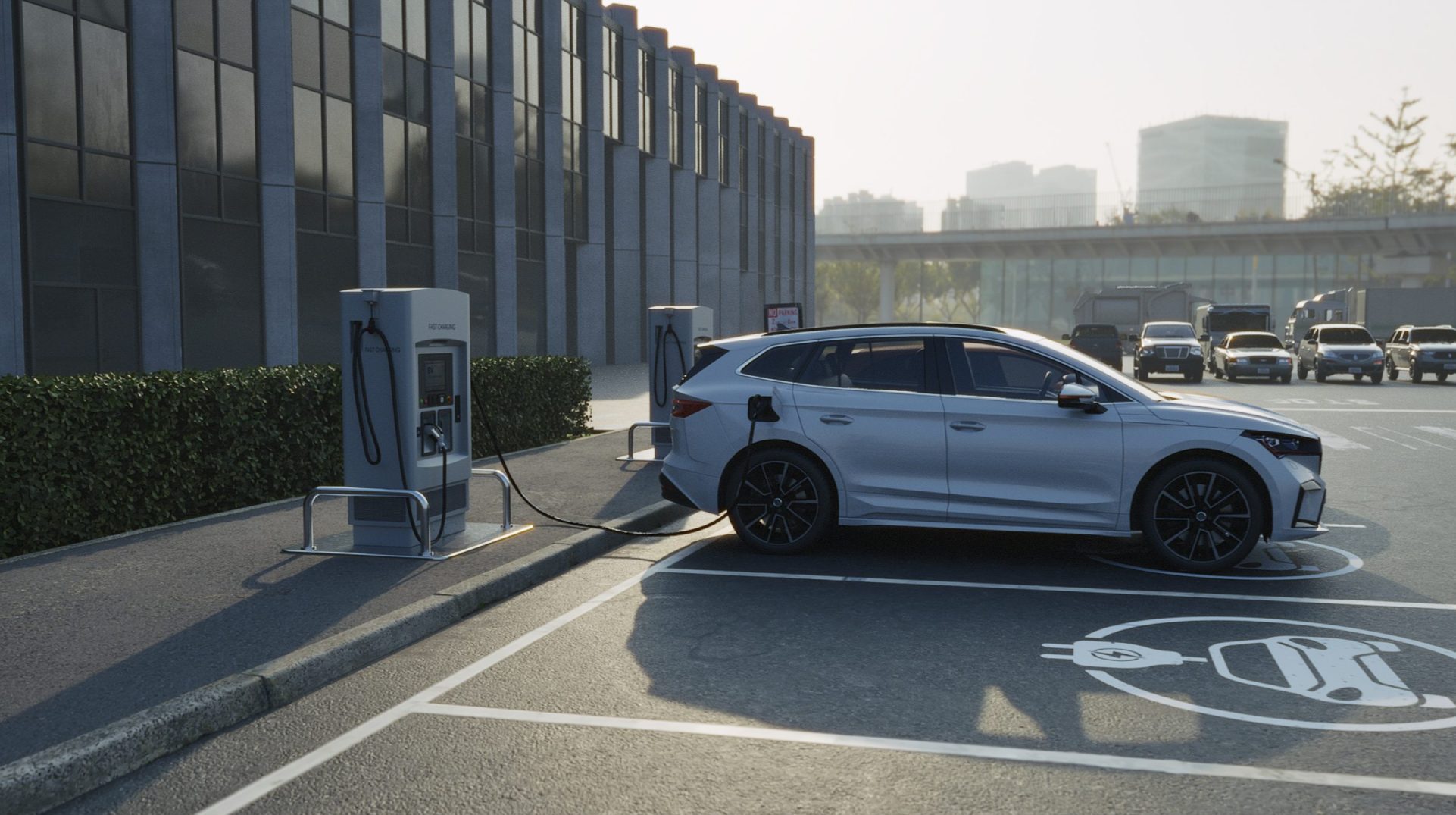 An EV charge point in an office car park.